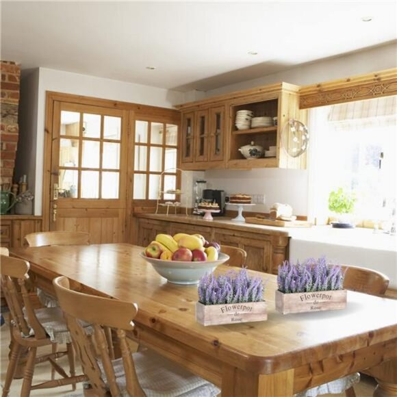 2Pcs Purple Faux Lavender Flowers with Small Wooden Box Plant Pot 5" - Picture 6 of 6